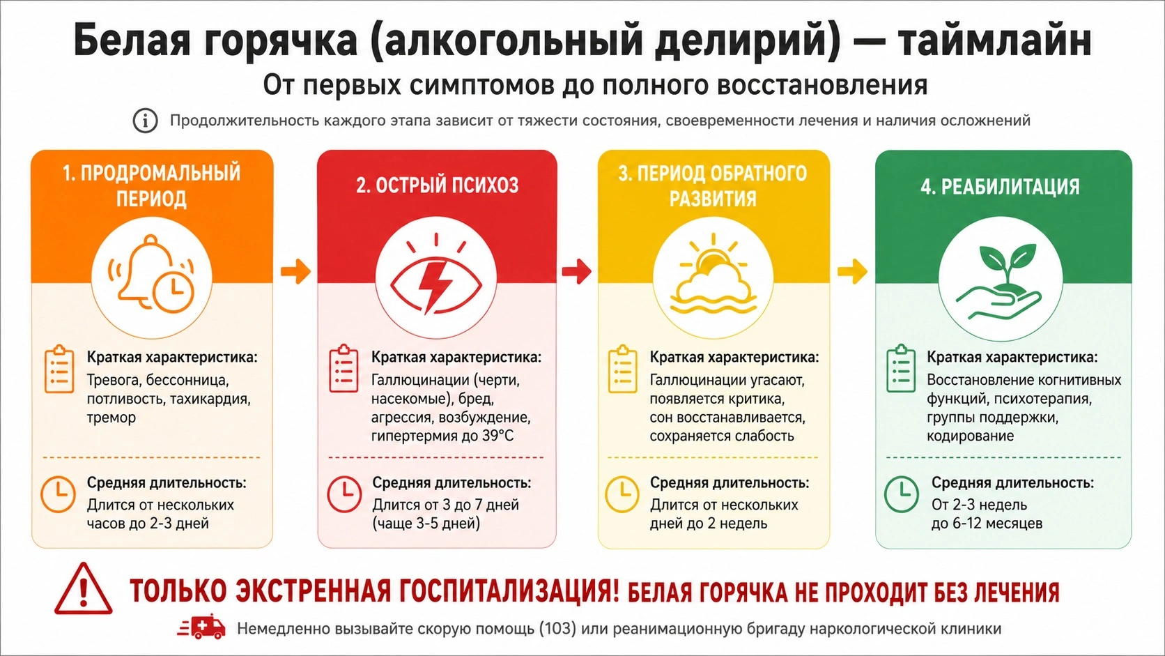 Инфографика: стадии и длительность белой горячки. Только экстренная госпитализация.